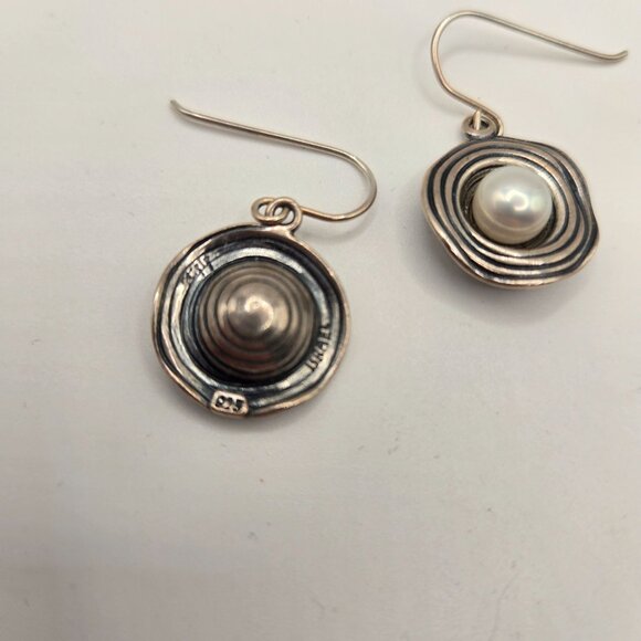 Vintage 90s 925 Sterling Silver Genuine Pearl Swirl Earrings Israel - Picture 4 of 4